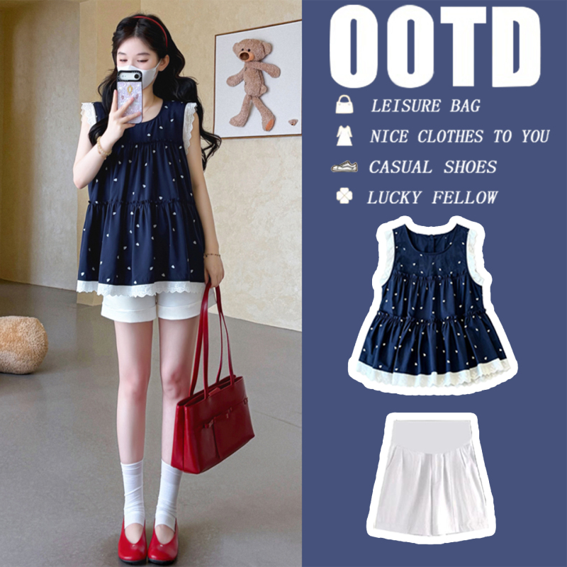 Maternity Wear Summer New Style French Chic Petite Heart-Shaped Flutter Sleeve Tank Top Shirt + Shorts Set