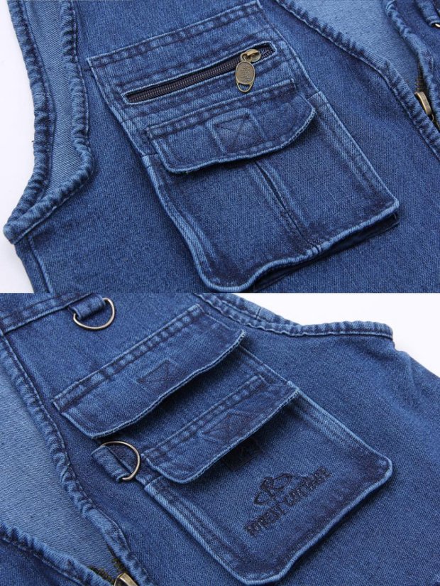 Mùa xuân và mùa thu trung niên nam denim vest đa túi cộng với phân bón để tăng vest vai vest nam ngoài trời vest vest shop quần áo nam