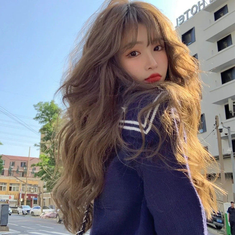 Wig female long hair natural full headgear simulation human hair daily round face temperament Korean style big wave long curly hair