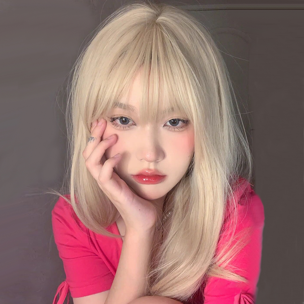 Wig Woman Long Hair Anchor Women's Group Lisa The Same Round Face Air Liu Hai White Gold Long Straight Hair Day Ensemble Headgear 