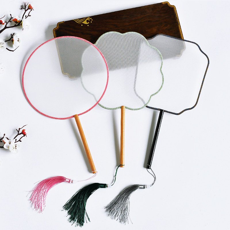 Blank Group Fan Painting Embroidery Long Handle DIY Material Hanfu Chinese Classical Round Fan China Wind Palace Fan Dance