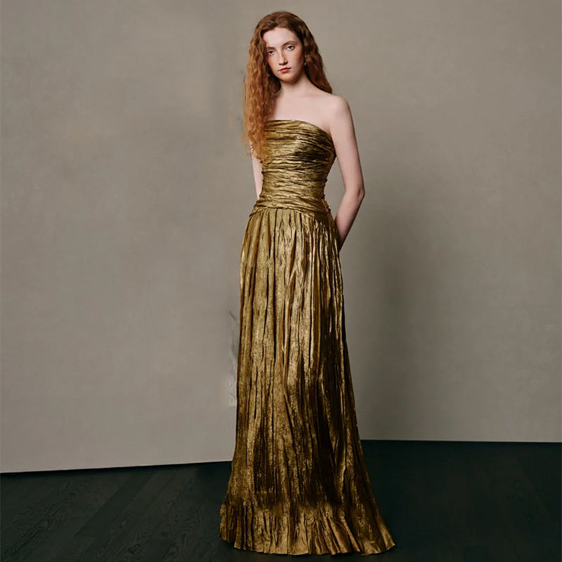 Tube Top with Gold Foil Pleats, Unique Bridal Wedding Toast Dress, Vintage High-End Cocktail Party Dress, Slimming Evening Gown, Birthday Dress Tube Top with Gold Foil Pleats, Unique Bridal Wedding Toast Dress, Vintage High-End Cocktail Party Dress, Slimming Evening Gown, Birthday Dress