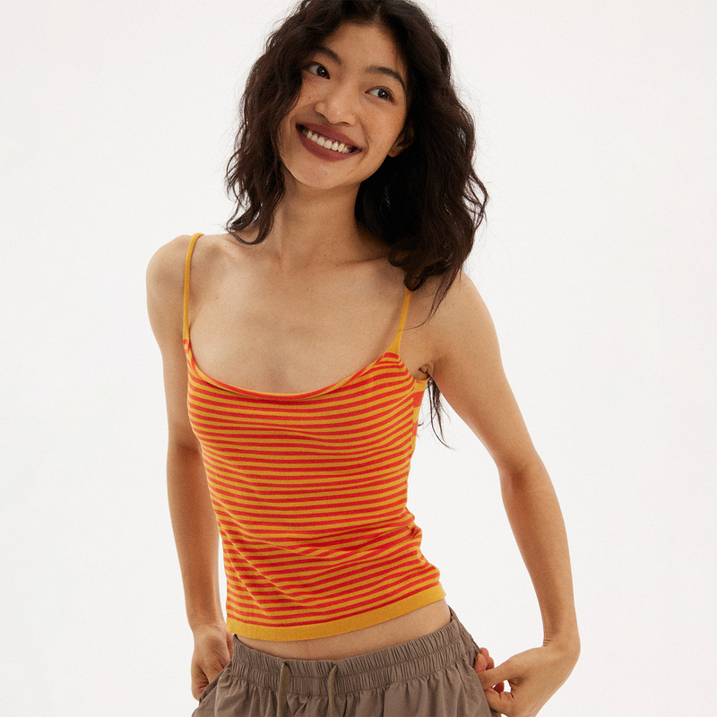 597C Original Fine Striped Orange Camisole with Large Neckline, Elastic, Slim-Fitting, Slimming Short Tank Top, Cool for Summer
