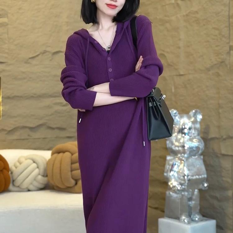 Elegant Hooded Knitted Wool Dress for Women, New Autumn and Winter Style, Loose Mid-Length, Over-The-Knee Base Sweater Dress