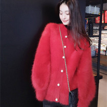 Han Fan Chaomei long hair mink short coat women thick lamp sleeve sweater mink wool knitted cardigan pearl buckle