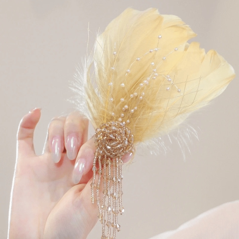 Unique Feather Hairpin for the Back of the Head, with a High-End, Ethereal Tassel Design, Side Clip, Gold Feather Fringe Hairpin, Bangs Clip for Women