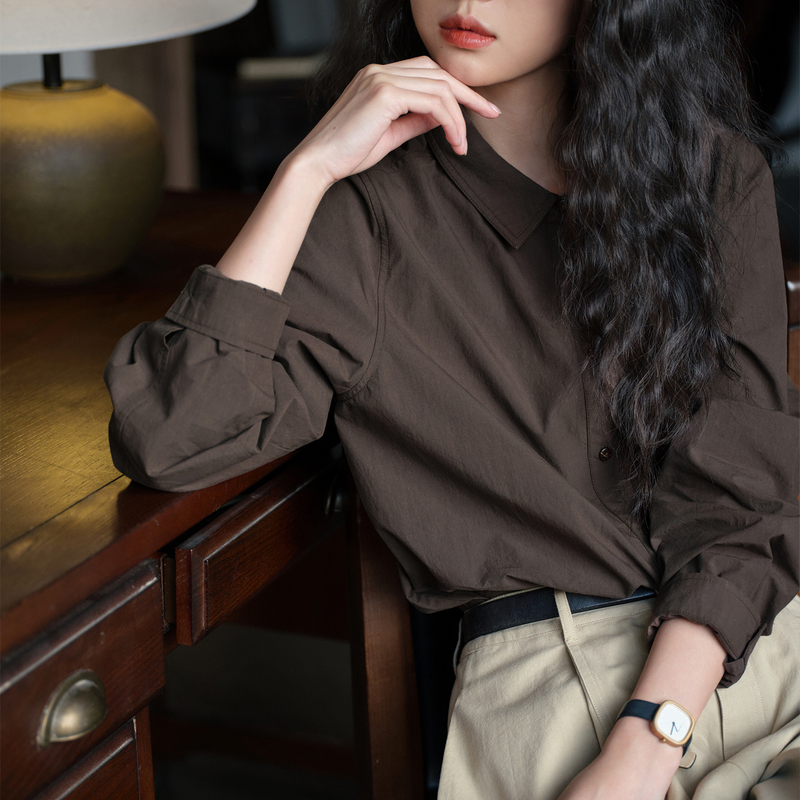 Original Pure Cotton Melard Brown Collared Shirt for Women, Autumn Loose Casual Long-Sleeve Commuter Shirt Top