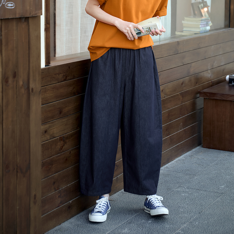 Original Japanese-Style Casual Pure Cotton Jeans for Women, Summer Elastic Waist Loose Blue Wide-Leg Pants, Cropped Pants