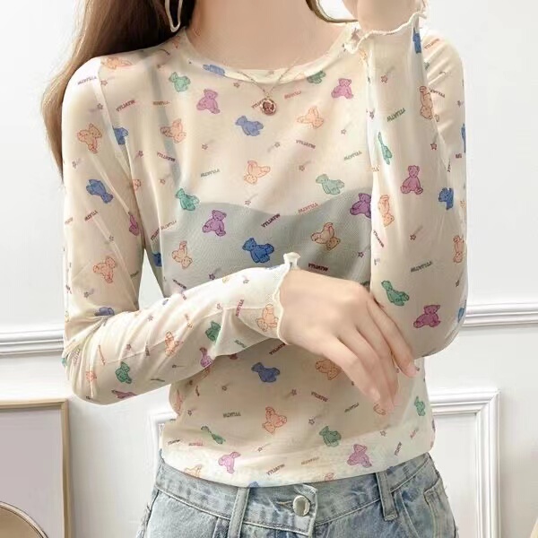 Mesh Base Shirt for Women, Lace T-Shirt, Summer Sun Protection Top, Thin Layered Gauze Shirt, Printed Cartoon Long-Sleeve Inner Wear