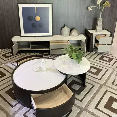 Italian minimalist rock board coffee table simple modern household small apartment round side table living room coffee table TV cabinet combination