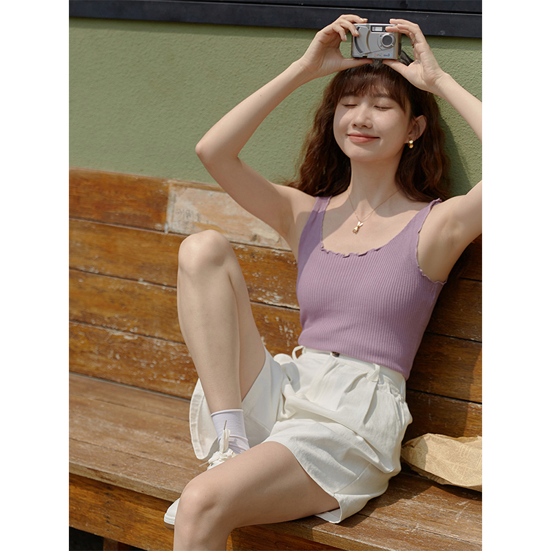 Autumn Korean-Style Ribbed U-Neck Camisole for Women, Slim Fit, Commuter Style, Taro Purple Ruffled Top
