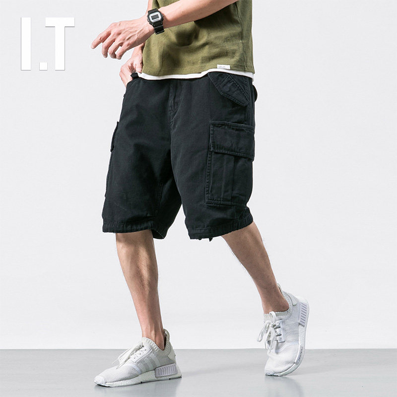 Hong Kong Tide Pocket Black Workware Shorts Men Wear Retro Leisure and Relax Straight Band Men