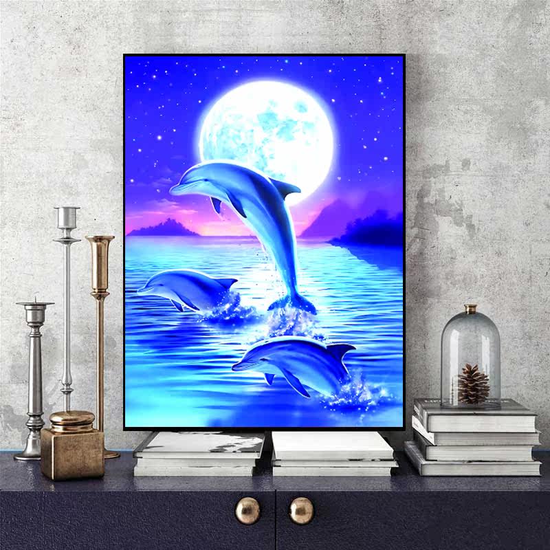 Mona Lisa cross-stitch dolphins in the moonlight new living room bedroom simple small large grid four-strand embroidery full embroidery