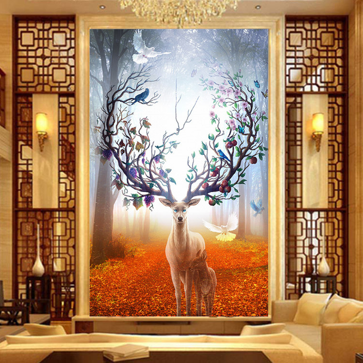 2021 new line embroidered cross embroidered gold full of rich and rich deer living room vertical version Xuanguan is greatly full of embroidery and good luck