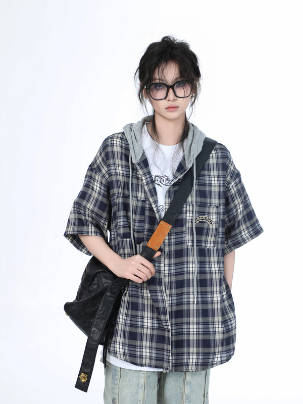 【Waste of Time】Fake Two-Piece Hooded Short-Sleeve Shirt for Women, Unique Design, Niche Summer Loose Plaid Shirt, Trendy 【Waste of Time】Fake Two-Piece Hooded Short-Sleeve Shirt for Women, Unique Design, Niche Summer Loose Plaid Shirt, Trendy