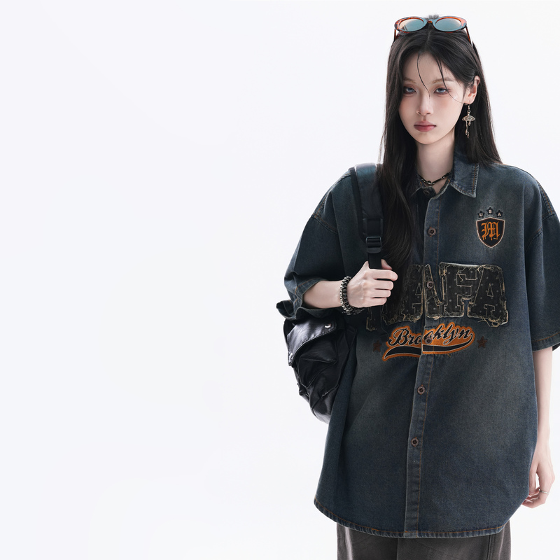 【Waste of Time】American Retro Distressed Patchwork Embroidered Denim Shirt Couple's Washed Tie-Dye Short-Sleeve Shirt