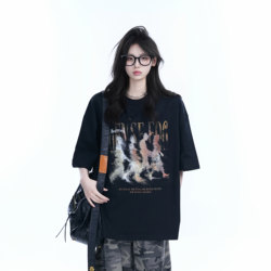 [You Can'T Eat Your Cake and Have It] American Retro Character Black Short-Sleeved T-Shirt for Women, Summer Heavyweight Loose Round Neck Half-Sleeve Trendy