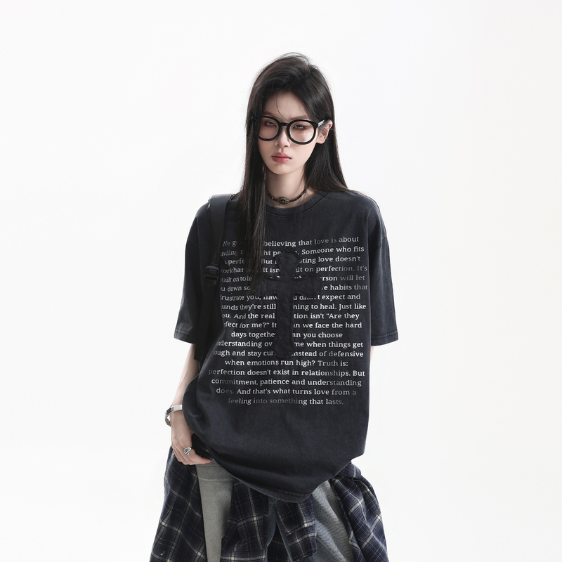 【Waste of Time】American-Style Distressed Washed Cross Patch Print Short-Sleeve Couple's Retro Hip-Hop T-Shirt 【Waste of Time】American-Style Distressed Washed Cross Patch Print Short-Sleeve Couple's Retro Hip-Hop T-Shirt