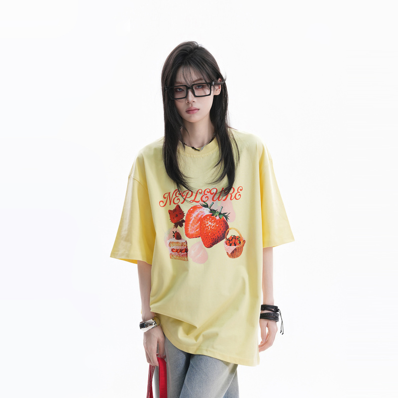 【Sit Back and Enjoy】College Sweet Style Fun Strawberry Cake Print Short-Sleeve Design Couple Sports T-Shirt