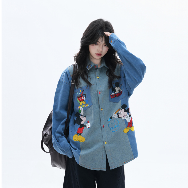 【Sit and Eat and the Mountains Will Empty】American Retro Color-Block Anime Mickey Embroidered Denim Shirt Spring Couple Long-Sleeve Shirt 【Sit and Eat and the Mountains Will Empty】American Retro Color-Block Anime Mickey Embroidered Denim Shirt Spring Couple Long-Sleeve Shirt
