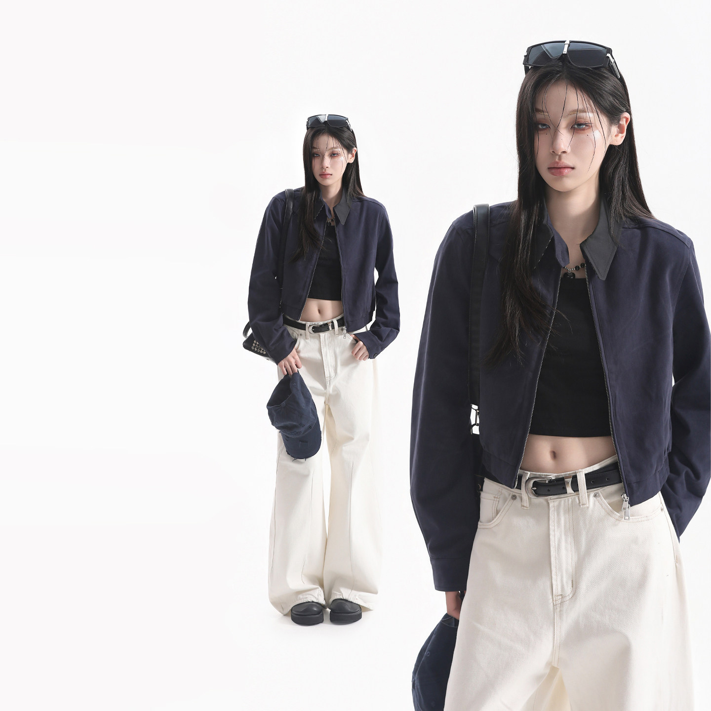 [Living off one's savings] Vintage Autumn Design Navy Blue Short Jacket for Women, Old Money Style Cardigan
