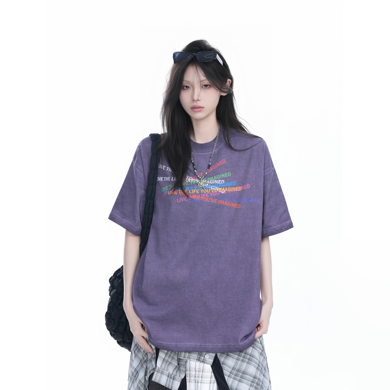 [You Can'T Eat Your Cake and Have It] American Retro Washed and Distressed Purple Short-Sleeved T-Shirt for Women, Oversized and Loose-Fitting Half-Sleeve ins