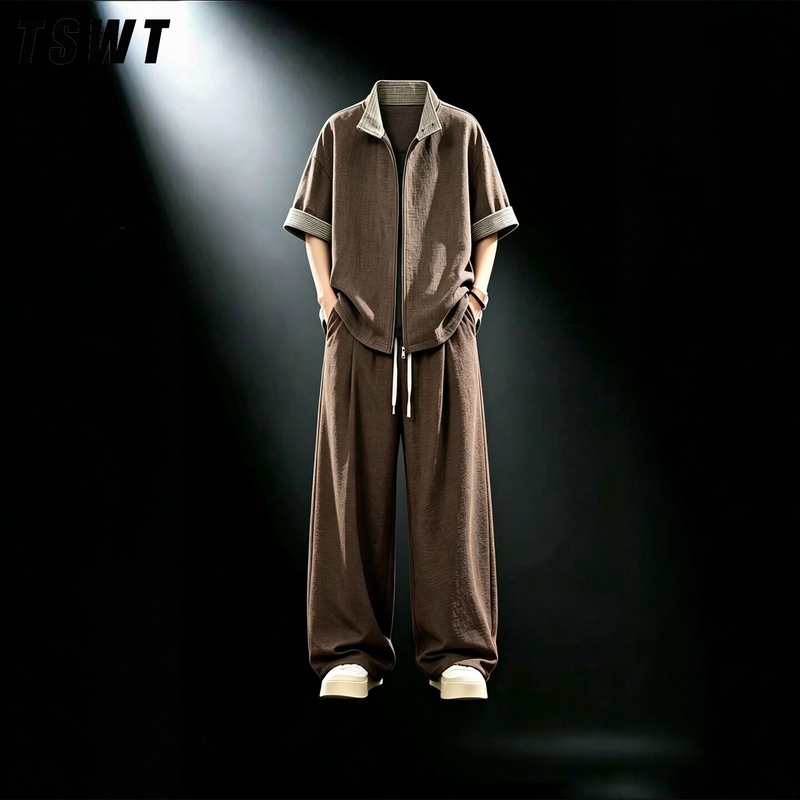 High-End Old Money Style Linen Short-Sleeve Long Pants Set for Men, Summer Thin Plaid Patchwork Relaxed Fit Complete Set