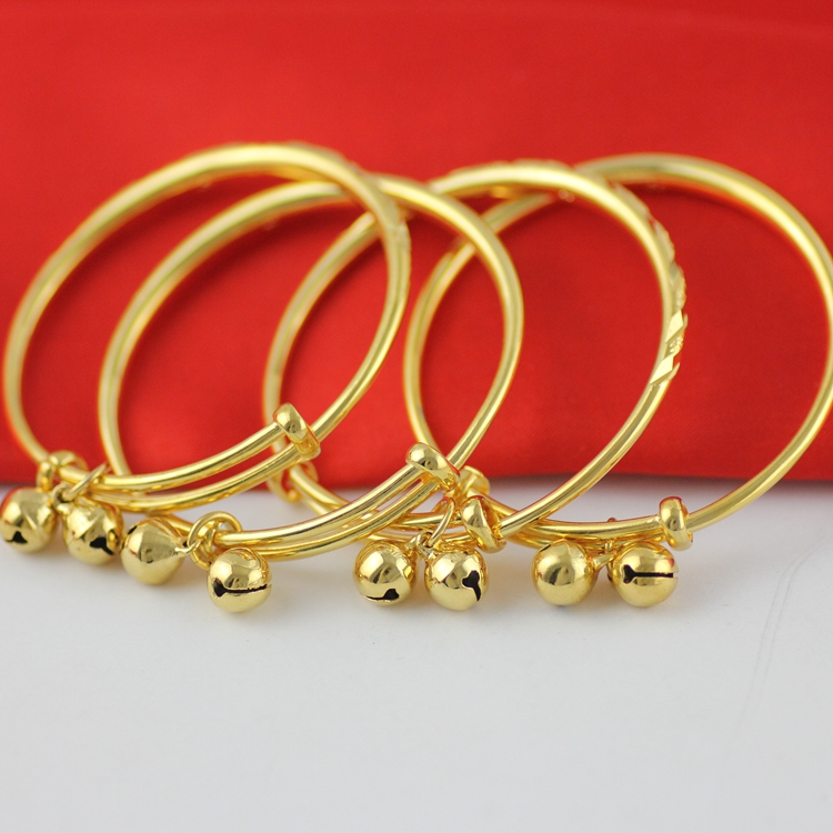 Vòng đeo tay bằng đồng mạ vàng C171 trẻ em với vòng tay em bé có chuông đôi đầy sao đẩy vòng tay kéo tỳ hưu vàng