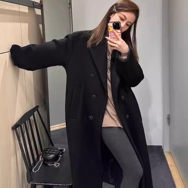 Women's Woolen Coat Korean Style Autumn and Winter Mid-Length Oversized Shoulder-Padded Double-Breasted Woolen Coat for Women