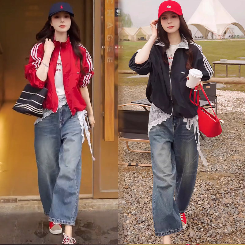 American Retro Red Women's Jacket 2026 New Spring and Summer Niche Casual T-Shirt and Jeans Three-Piece Set American Retro Red Women's Jacket 2026 New Spring and Summer Niche Casual T-Shirt and Jeans Three-Piece Set