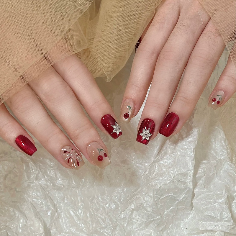 Snowflake Cherry New Year Red Handmade 3D Nail Art Stickers Whitening Hand-Painted Fireworks Removable Wearable Short Nails