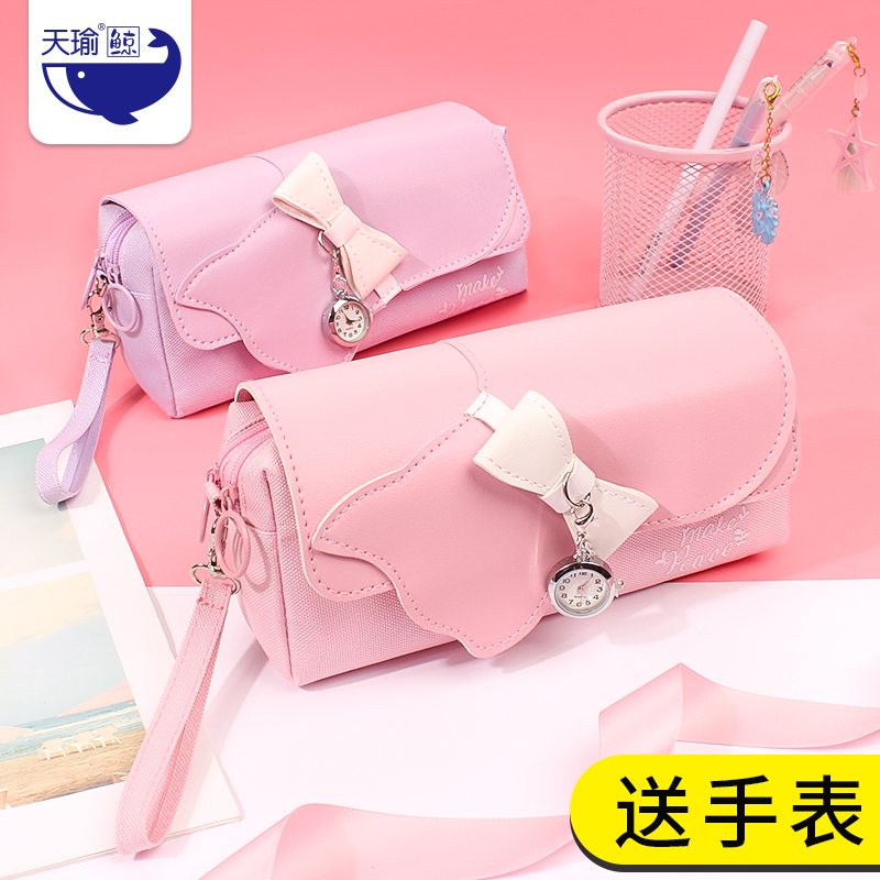 Beginner primary and middle school students brief lead pencil case triple large capacity pen bag adorable adolescent girl heart portable stationery bag tennis red canvas pencil case girl ins tide with watches pen bag