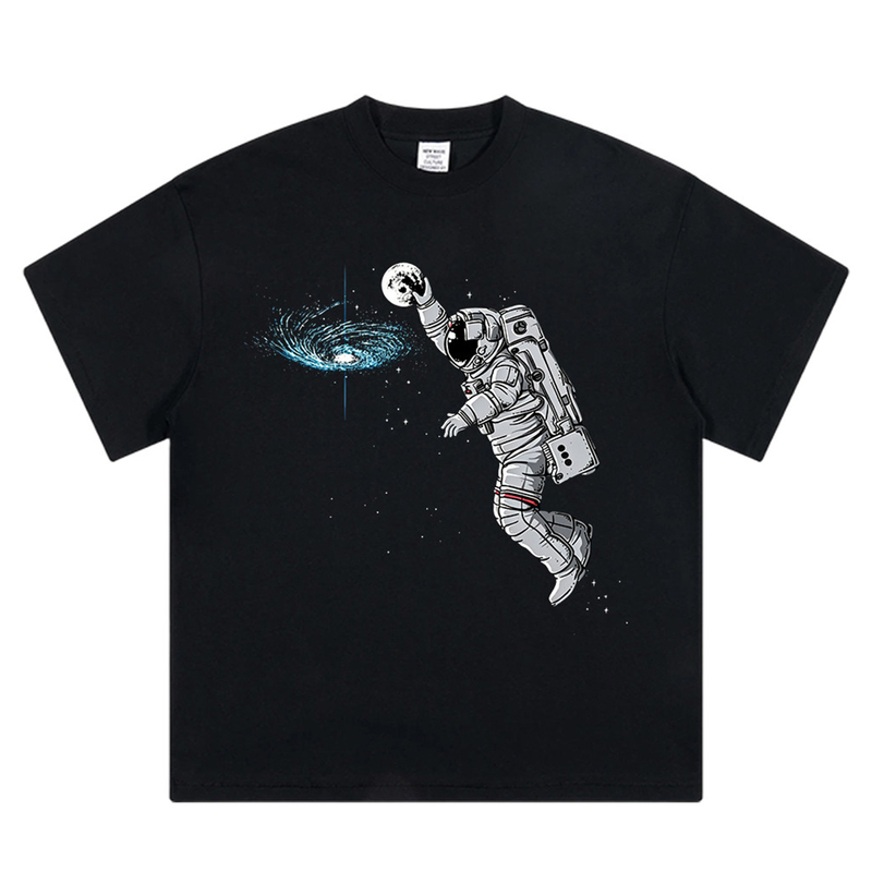 Street Hip-Hop Astronaut Dunk Short-Sleeve Galaxy Black Hole Planet Print Heavyweight Loose Unisex T-Shirt