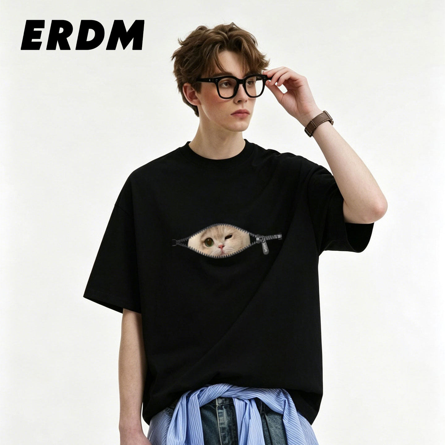 ERDM潮牌猫咪印花短袖T恤男女通用美式圆领套头上衣可爱风夏季