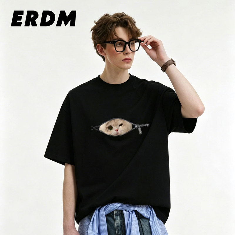 Erdm Trendy Brand Cat Print Short-Sleeved T-Shirt Unisex American Style Round Neck Pullover Top Cute Style Summer