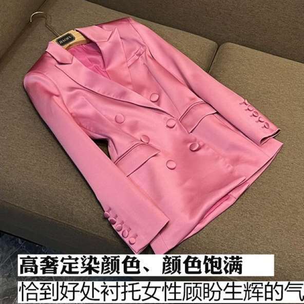 European and American Style Party Pink Satin Slim-Fit Blazer and Hip-Hugging Skirt Fashion Commuter Two-Piece Set (Inner Wear Not Included)