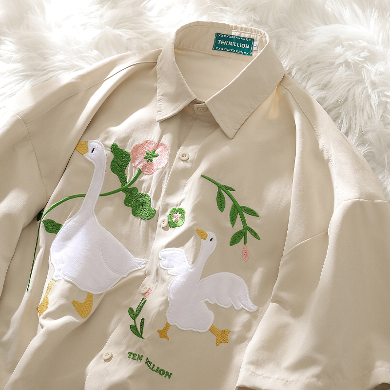 Hong Kong Style Retro Cute Plush Duck Short-Sleeved Shirt for Women Summer Loose College Style Couple Half-Sleeved Shirt Jacket Hong Kong Style Retro Cute Plush Duck Short-Sleeved Shirt for Women Summer Loose College Style Couple Half-Sleeved Shirt Jacket