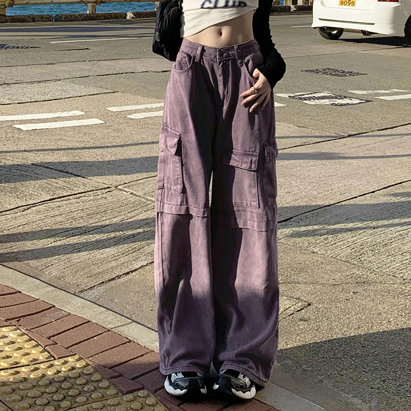 American Retro Purple Workwear Jeans for Women, Hip-Hop High-Waisted Slimming Straight-Leg Wide-Leg Floor-Length Extended Pants