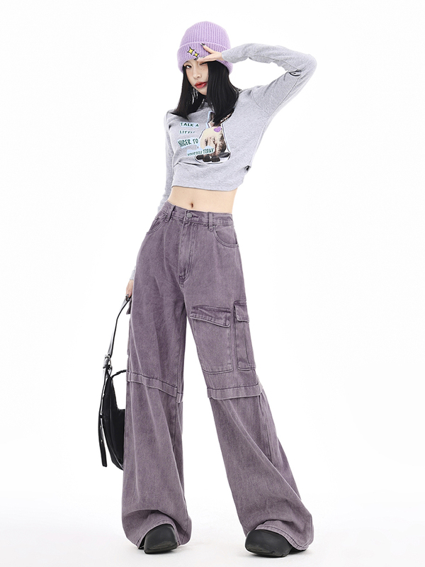 American Retro Multi-Pocket Purple Workwear Jeans for Women, Spring and Autumn, High-Waisted, Loose, Wide-Leg, Floor-Length Pants