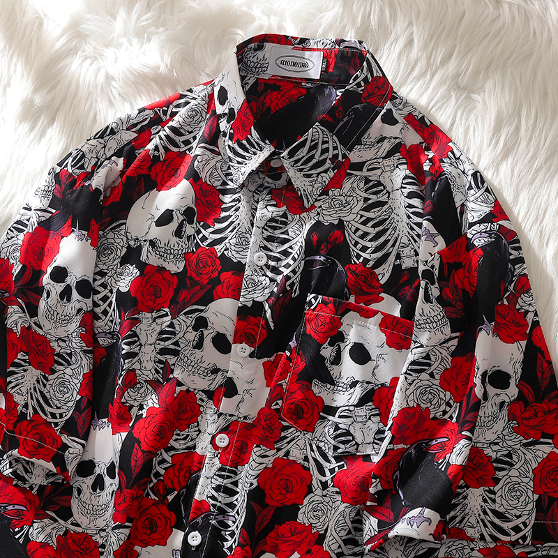 American-Style Trendy Brand Skull and Rose Print Short-Sleeved Shirt for Women, Summer Street Style Loose Hip-Hop Couple Shirt, Thin Jacket