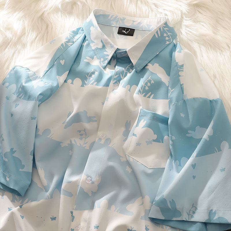 Escape from Earth Japanese Sweet Bunny Print Short-Sleeve Shirt for Women Harajuku Style Loose Casual Soft Girl Jk Top Summer