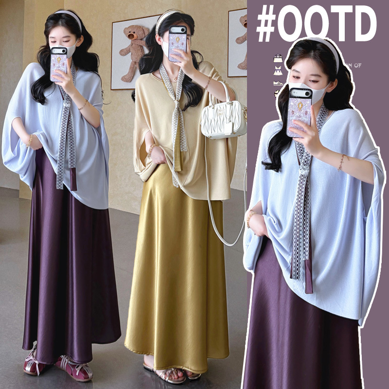Maternity Dress for Summer, High-End Pregnancy Outfit, Ice Silk Cover-Up Top, Acetate Satin Slip Dress Two-Piece Set