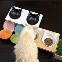Six-six cat house non-slip solid wood pet bowl table ceramic bowl cat dog double bowl cat grass cat bowl