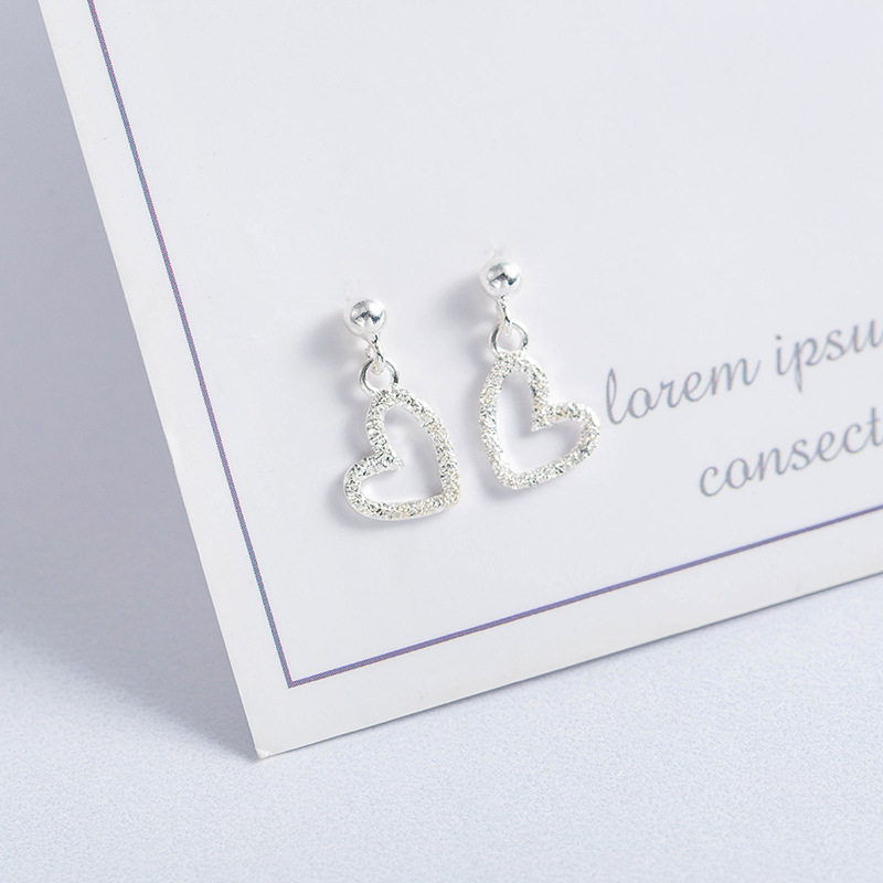 Frosted Peach Hearts 925 Pure Silver Earrings Woman South Korea Love Shaped Brief Ear Pendant Student Girl Hearts and Ears Ear Accessories