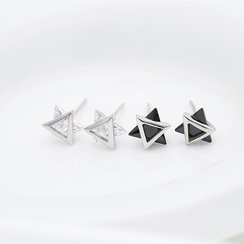 Triangular zircon earrings female s925 sterling silver geometric non-allergic ear jewelry black and white diamond personality simple temperament