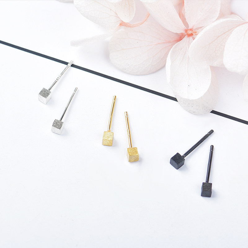 S925 sterling silver ear pin female brushed geometric square ear bone temperament Korean version of the personality simple wild mini small earrings