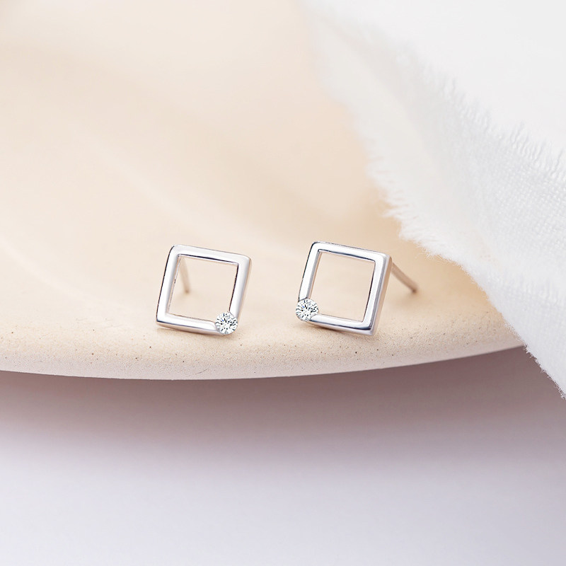 s925 whole body sterling silver square earrings female Japanese and Korean temperament simple square diamond earrings jewelry temperament all-match