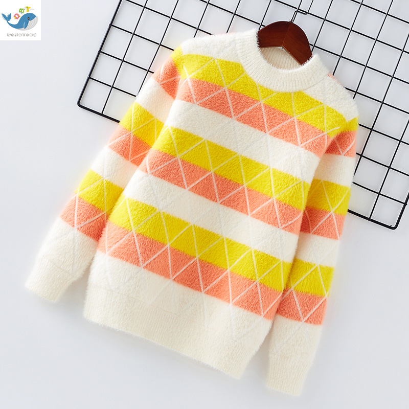 Girl Foreign Pie Splicing Striped Sweater 2021 Autumn Winter New Children's Dress Cute Baby Loose Sleeve Head Knitwear Tide