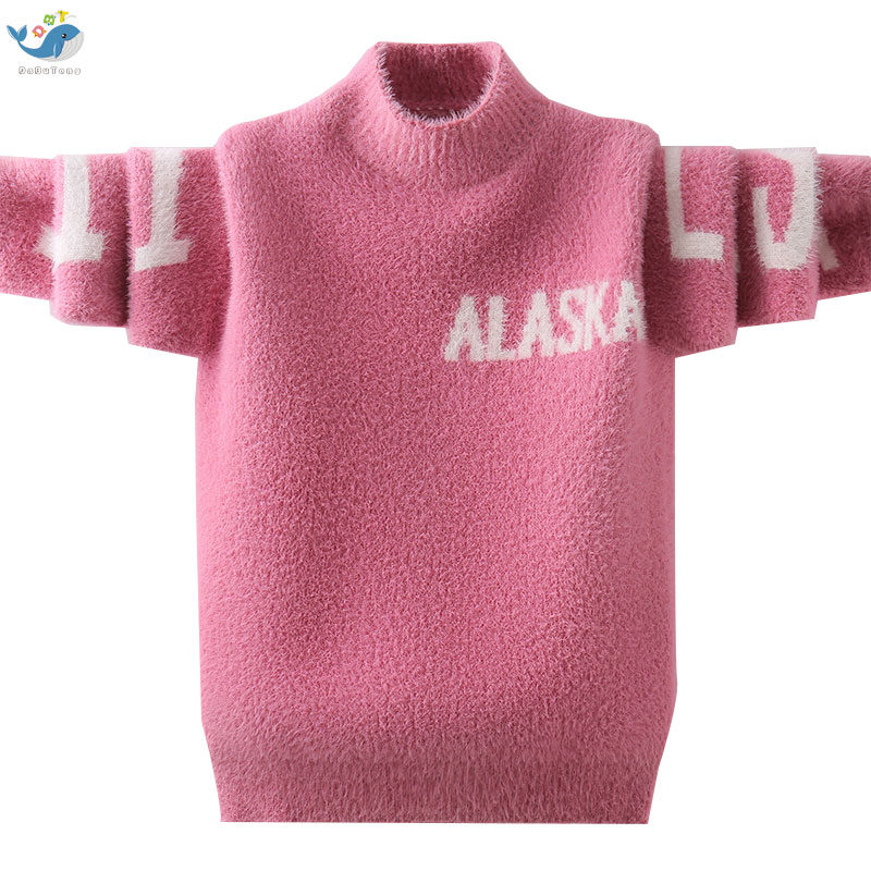 Boys sweater pullover 2021 autumn and winter children's high-neck plus velvet thickened middle-aged children's warm base letter embroidery