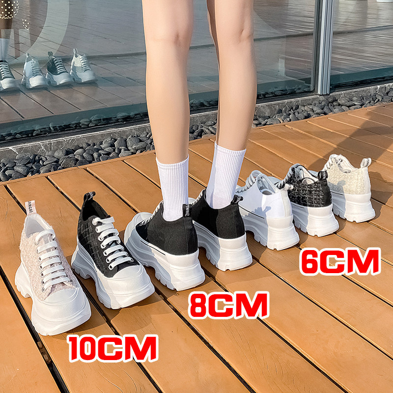 Thick-soled kun canvas small height-increasing women's shoes 8cm heightening autumn and winter leather plus velvet 10cm small white shoes 33